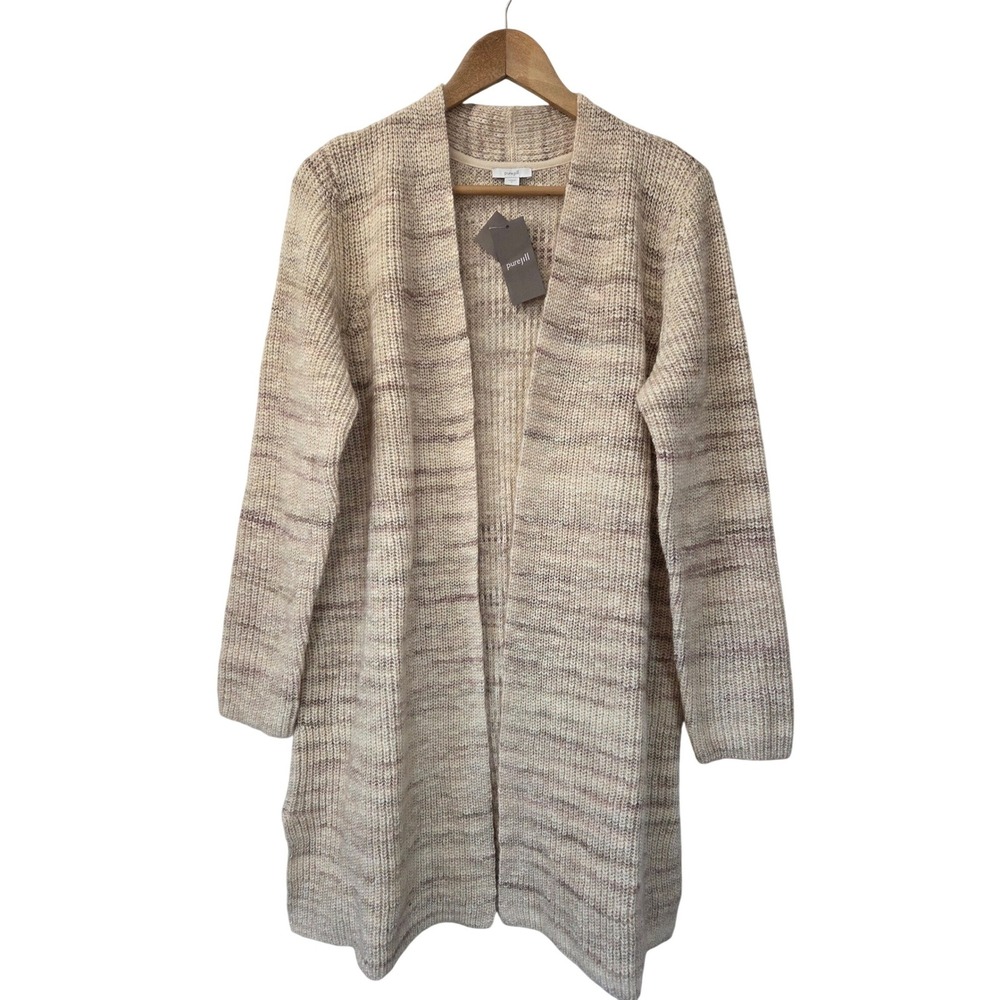 J. Jill Pure Jill :Long Open Front Marl Knit‎ Cardigan Sweater Large Beige NWT